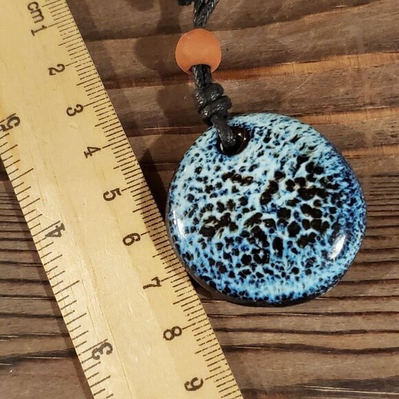 Handcrafted Artsy Circle Glazed Blue Black Porcelain Pendant Necklace - Picture 4 of 5